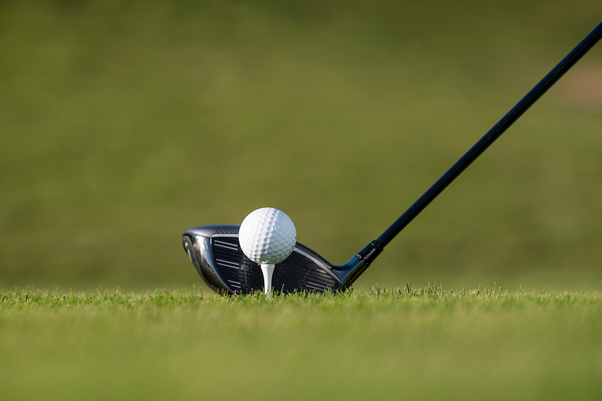 A driver resting behind a golf ball on a tee, on the tee box, with the tee height slightly higher than normal to promote more distance