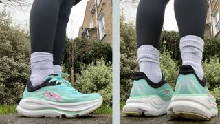 Side and back view of Health Editor Grace Walsh wearing Hoka Bondi 9 running trainers