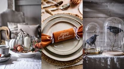 Halloween table decor ideas including pumpkins, cracker, crows