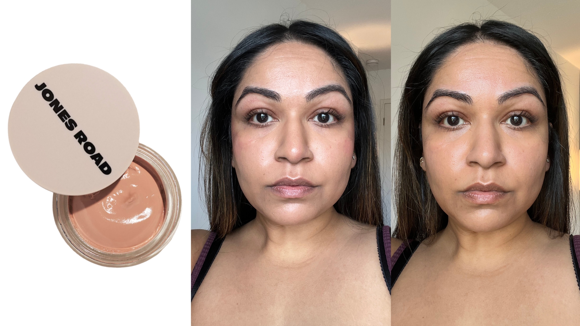 On the left is a product shot of the Jones Road What The Foundation on a white background, followed by two pictures of Digital Beauty Ecom Editor, Aleesha Badkar, first without makeup and then wearing the Jones Road What The Foundation.