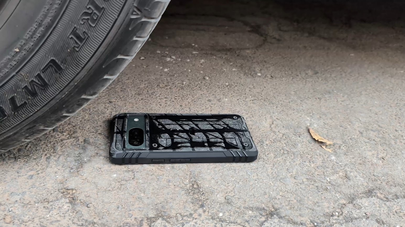 a pixel 8 being run over by a car for case testing