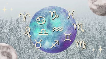Representation of the zodiac signs with a wintery background of the full moon