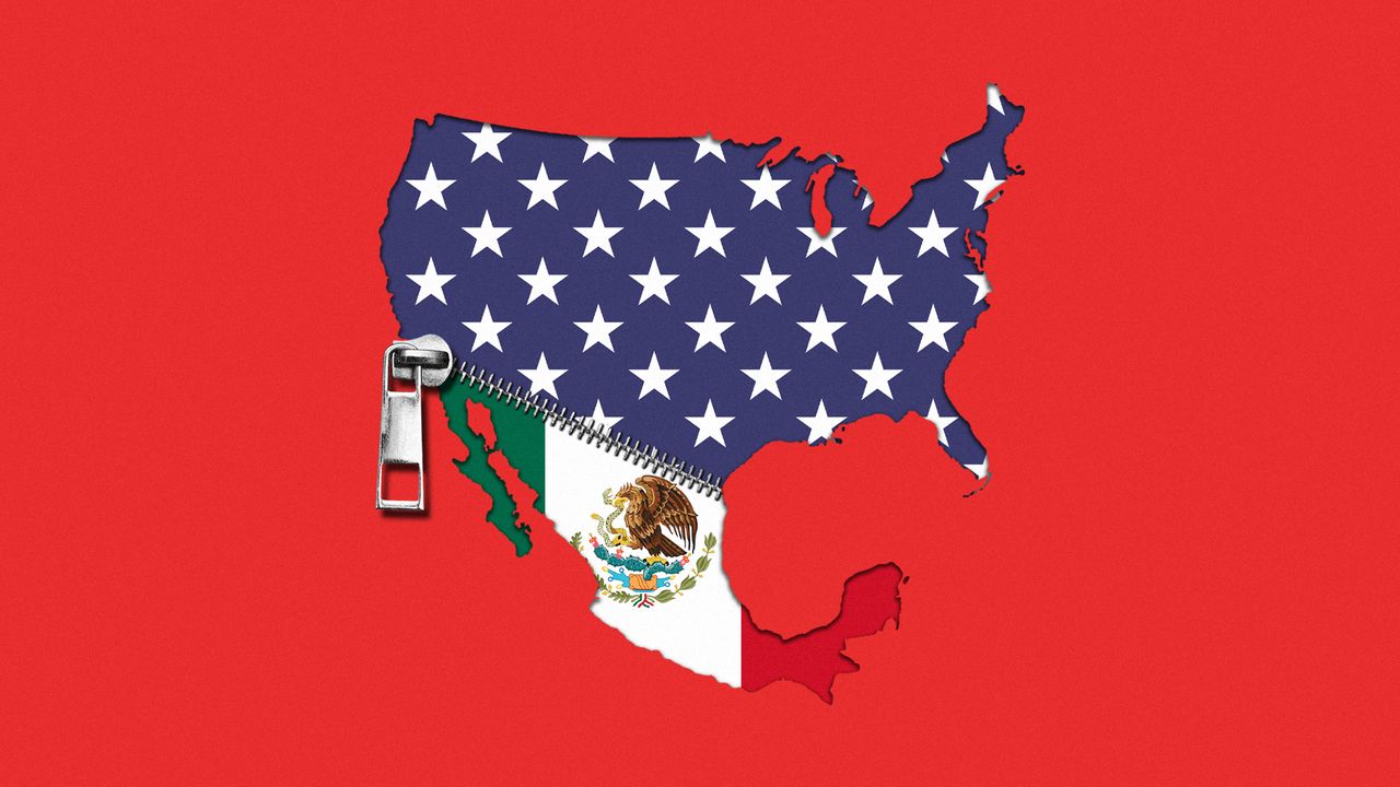 Map of the United States and Mexico separated by a zipper