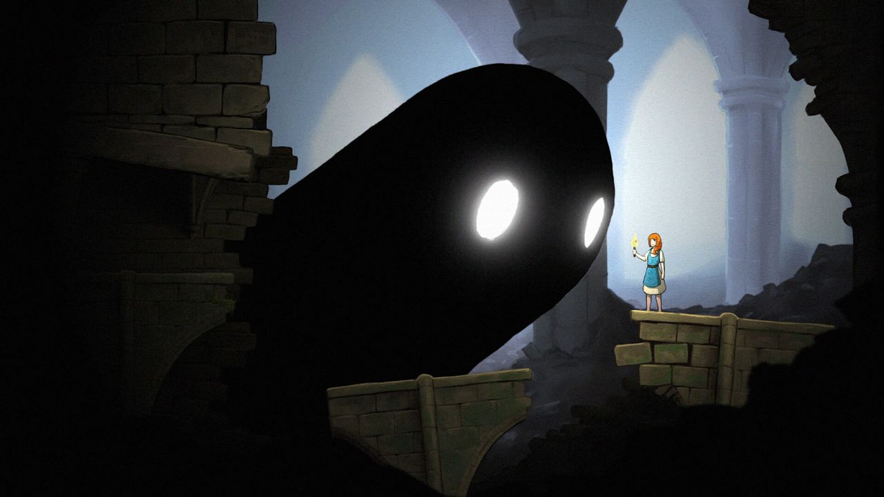 A large, black ghost creature peers inquisitively at a young woman in an underground ruin