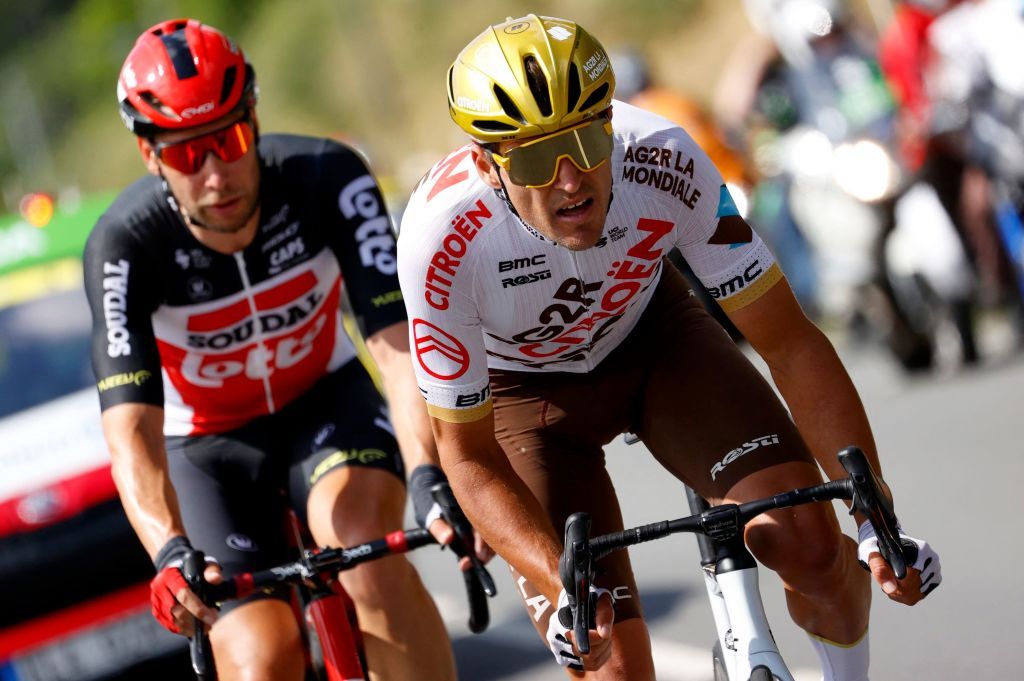 Breakaway riders Team AG2R Citroens Greg Van Avermaet of Belgium R and Team Lotto Soudals Roger Kluge of Germany during the 6th stage of the 108th edition of the Tour de France cycling race 160 km between Tours and Chateauroux on July 01 2021 Photo by Thomas SAMSON AFP Photo by THOMAS SAMSONAFP via Getty Images