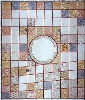 A watercolor reconstruction of the painted floor of the Throne Room in the Palace of Nestor, by Piet de Jong.