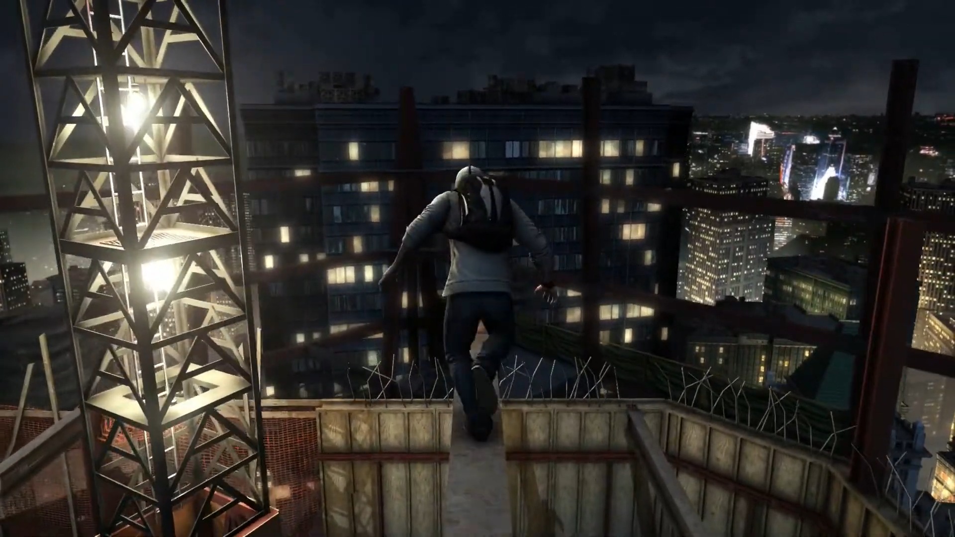 Desmond Miles jumps across an in-construction skyscraper in Assassin's Creed 3