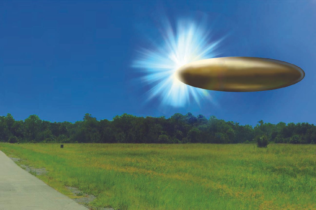 An illustration of a golden orb shaped UFO in the sky above a grassy landscape.
