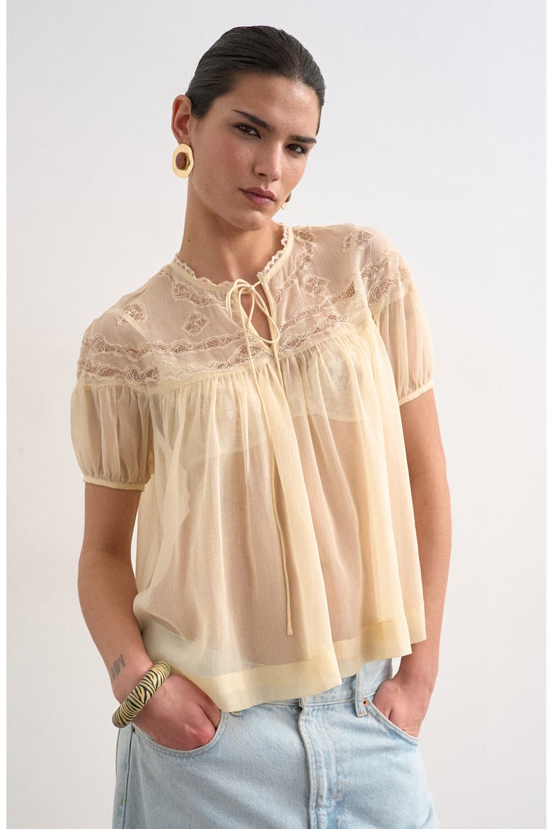 Topshop Sheer Tie Neck Lace Trim Top
