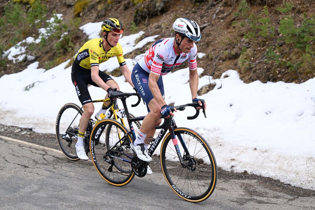 PORT AINE SPAIN MARCH 20 LR Sepp Kuss of The United States and Team VismaLease a Bike and Mikel Landa of Spain and Team Soudal Quick Step Red Mountain Jersey grduring the 103rd Volta Ciclista a Catalunya 2024 Stage 3 a 1767km stage from Sant Joan de les Abadesses to Port Aine 1967m UCIWT on March 20 2024 in Port Aine Spain Photo by David RamosGetty Images