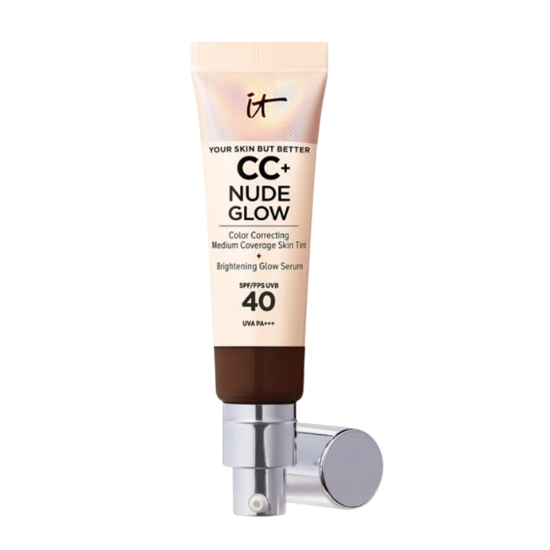 A product shot of the IT Cosmetics CC+ and Nude Glow Lightweight Foundation and Glow Serum with SPF40, on a white background