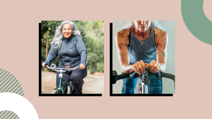 woman riding bike outside and woman on spin bike inside on peach background 