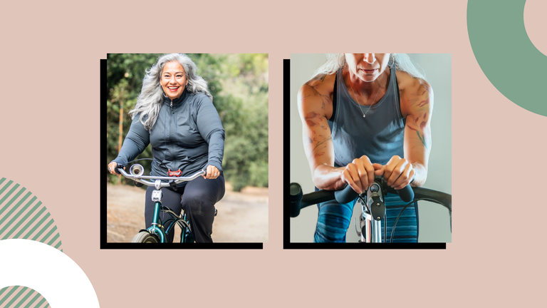 woman riding bike outside and woman on spin bike inside on peach background