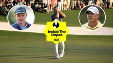 Main image of Rory McIlroy reacting to winning The Masters in 2025 with inset shots of Justin Rose (top left) and Brooks Koepka (top right)