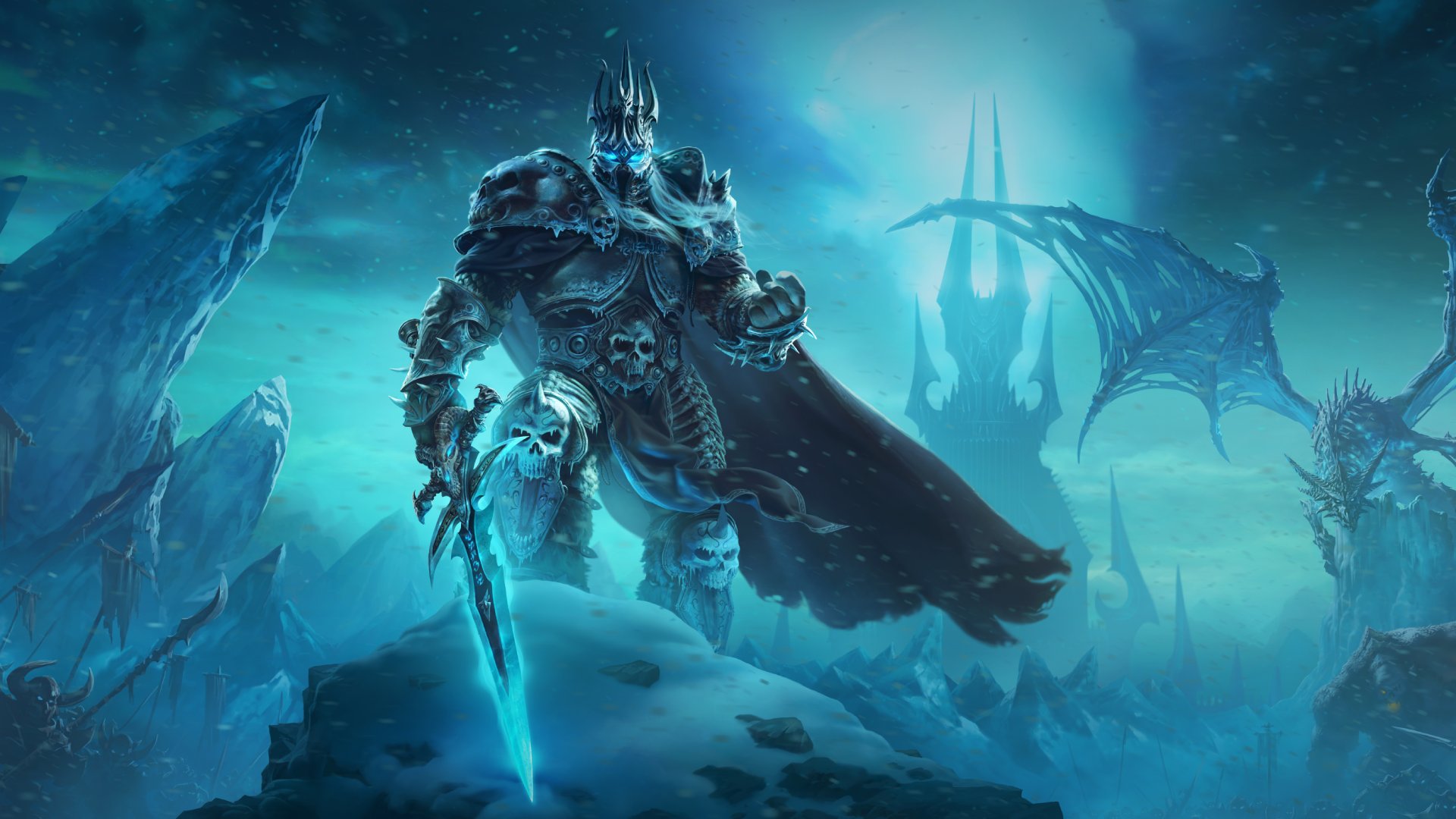 World of Warcraft: Wrath of the Lich King Classic key art showing the Lich King standing atop a snowy hill before a dragon and spire, holding a glowing sword