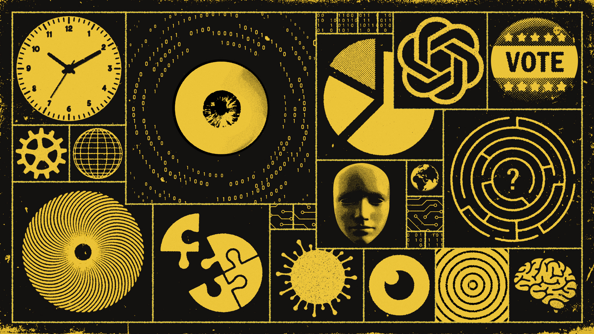Illustration of circular icons including human eyeballs, viruses, jigsaws and computer code