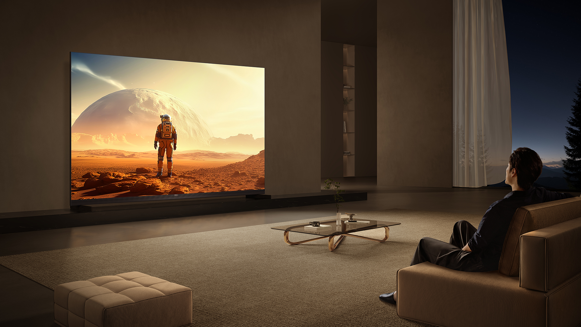 Lifestyle image of person watching a very bright movie on the TCL X11L SQD Mini LED TV in a living room environment.