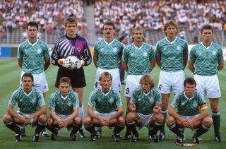 4 July 1990 - West Germany v England - FIFA World Cup Semi-Final - Stadio delle Alpi - The West Germany team before the match. (Back Row L-R: Thomas Berthold, Bodo Illgner, Jurgen Kohler, Rudi Voller, Guido Buchwald, Klaus Augenthaler. Front Row L-R: Olaf Thon, Thomas Hassler, Andreas Brehme, Jurgen Klinsmann, Lothar Matthaus.) - (Photo by Mark Leech/Offside/Getty Images)