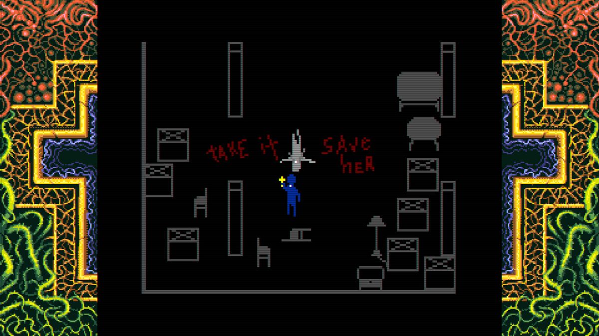 more top down gameplay of Faith in an abandoned church