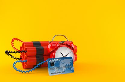 Time bomb with credit card isolated on orange background. 3d illustration
