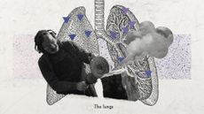 Photo collage of a stonemason cutting stone without a respirator. Behind him, a vintage diagram of the lung shows multiple pins indicating damaged areas.