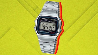 Casio A158WA-1 on abstract multi-coloured background