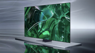 La Samsung S95C mostrando un fondo abstracto verde