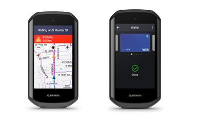 The Garmin Edge 1050 bike computer with two screen options on display, navigation and Garmin Pay