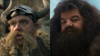 From left to right: Nick Frost wering a viking hat in How To Train Your Dragon and Robbie Coltrane as Hagrid. 
