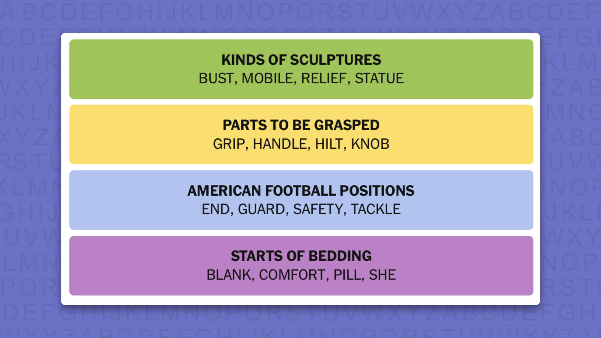 NYT Connections answers for game 1229 on a purple background