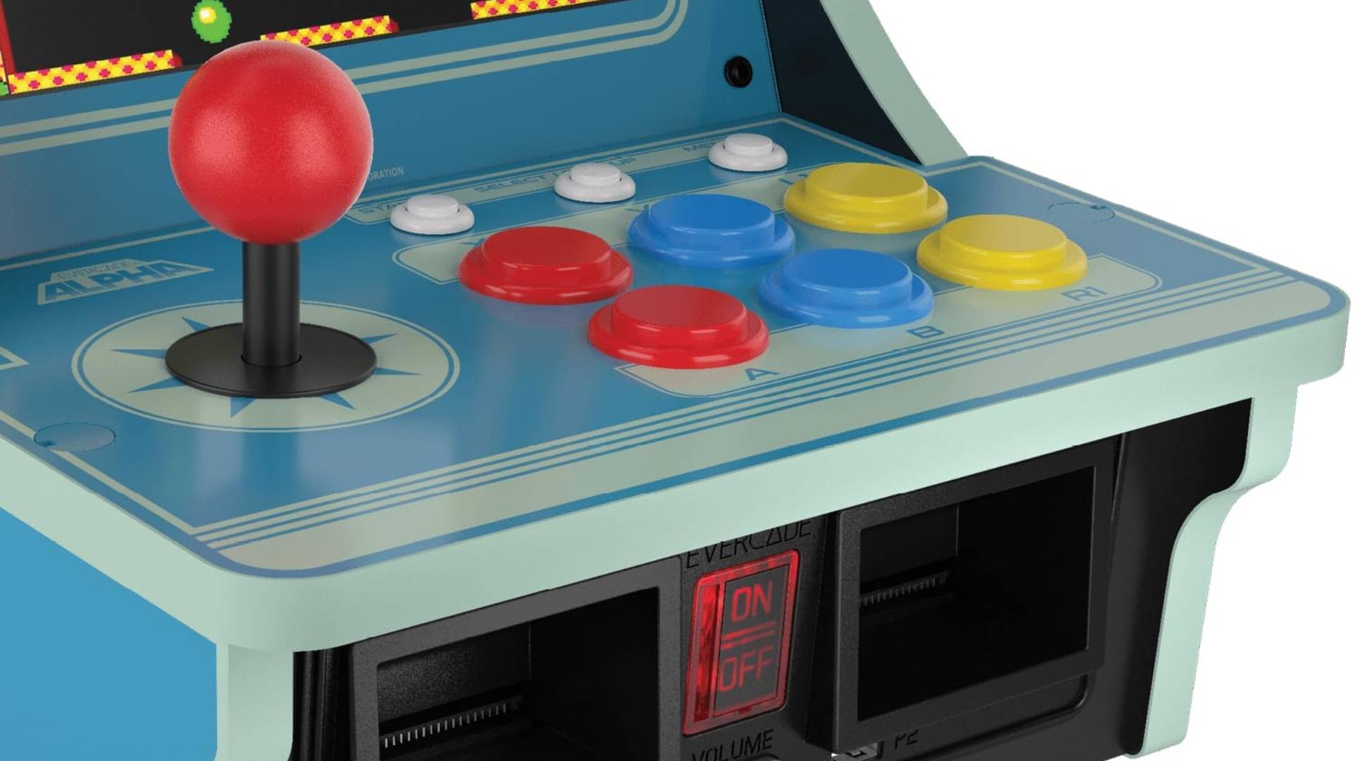 Close up of Evercade Alpha Taito Edition red joystick with red left buttons, blue middle buttons, and yellow right buttons.