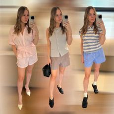 Nikki Chwatt wears four pajama shorts outfits. The first outfit is a pink top with pink striped shorts and white closed-toe mules. The second outfit is a beige vest with brown striped shorts, black flats, and a black Bottega Veneta bag. The third outfit is a striped polo shirt with blue striped shorts, socks, and black square-toe loafers. 