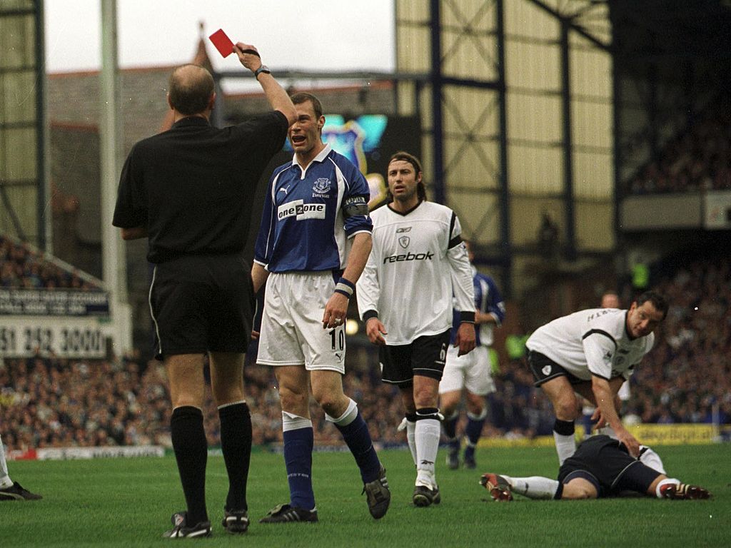 Duncan Ferguson of Everton is shown the red card during the Everton v Bolton Wanderers FA Barclaycard Premiership match at Goodison Park, Liverpool