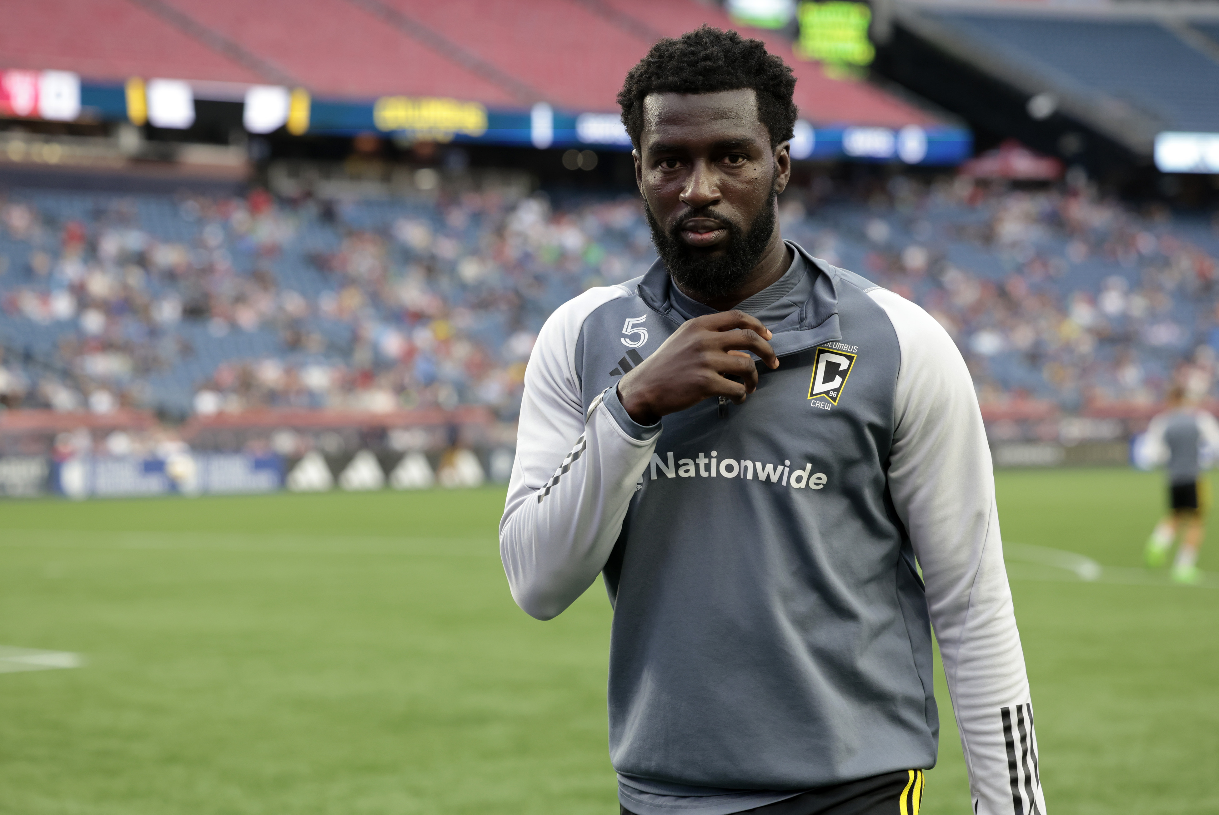 FOXBOROUGH, MA - JUNE 29: Columbus Crew central midfielder Derrick Jones (5) before a match between the New England Revolution and the Columbus Crew on June 29, 2024, at Gillette Stadium in Foxborough, Massachusetts. (Photo by Fred Kfoury III/Icon Sportswire via Getty Images)