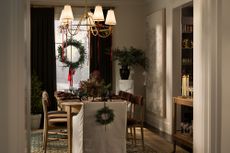 Christmas table centerpiece in a festive dining room