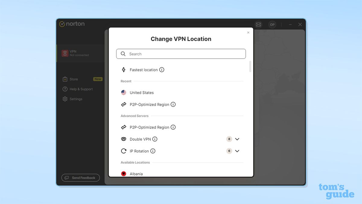 Screenshot of Norton VPN's server choice