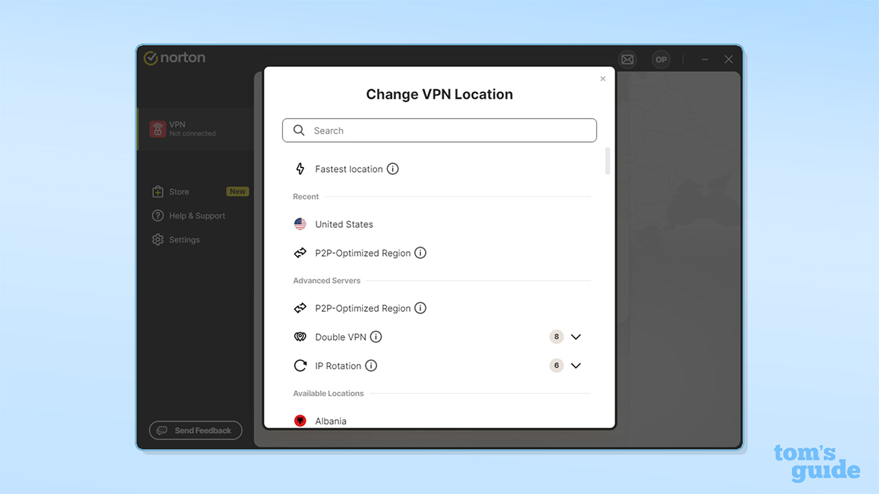 Screenshot of Norton VPN's server choice
