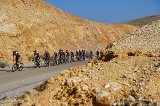 QURAYYAT OMAN FEBRUARY 12 A general view of Felix Gro of Germany and UAE Team Emirates Mark Cavendish of United Kingdom and Team QuickStep Alpha Vinyl Red Leader Jersey and the peloton compete during the 11th Tour Of Oman 2022 Stage 3 a 180km stage from Sultan Qaboos University to Qurayyat 240m TourofOman on February 12 2022 in Qurayyat Oman Photo by Dario BelingheriGetty Images