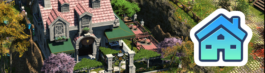 A Final Fantasy 14 house in the Lavender Beds with the housing icon on the right