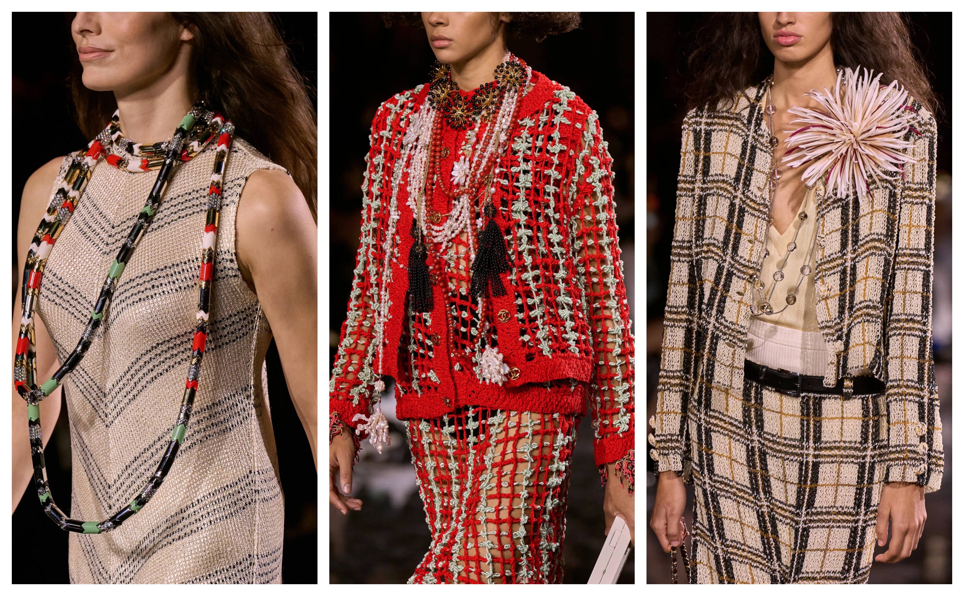 three models wearing chanel necklaces on the runway