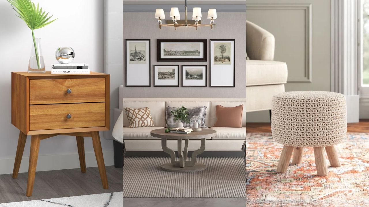 A three-panel image of products on sale in the Wayfair Presidents&#039; Day sales