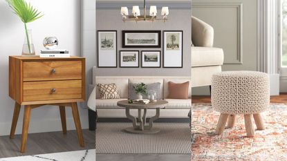 A three-panel image of products on sale in the Wayfair Presidents' Day sales