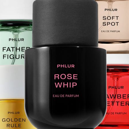 photo collage of phlur rose whip, father figure, soft spot, golden rule, strawberry letter perfumes 