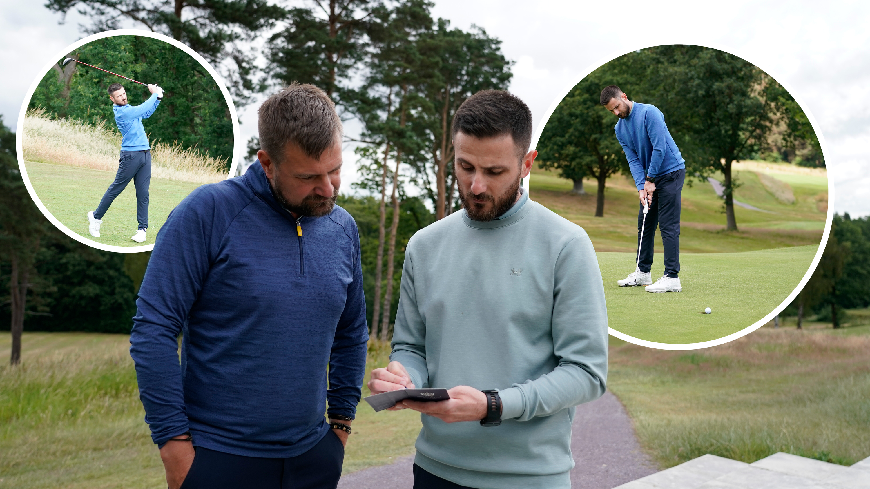 Baz Plummer and Sand Moor Golf Club head pro Alex James reviewing their scorecard, with inset images of Baz Plummer hitting a drive and putt on the golf course