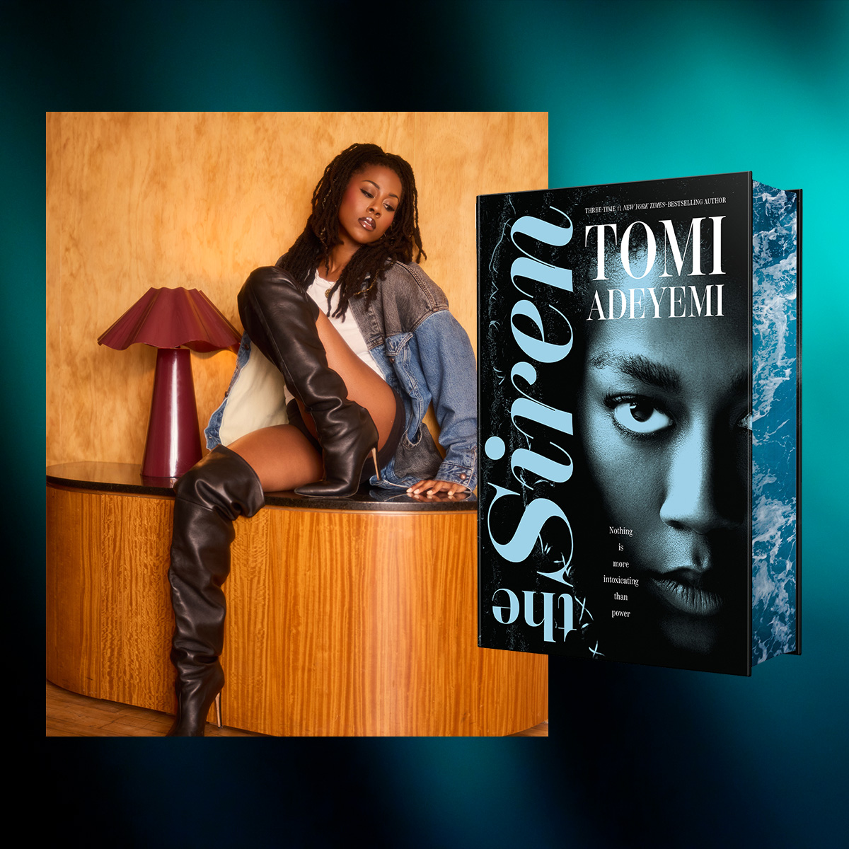 A collage of author Tomi Adeyemi, wearing a denim jacket and leather thigh-high boots while perched on a wooden sideboard, next to her 2026 novel 'The Siren,' on a blue and black background.