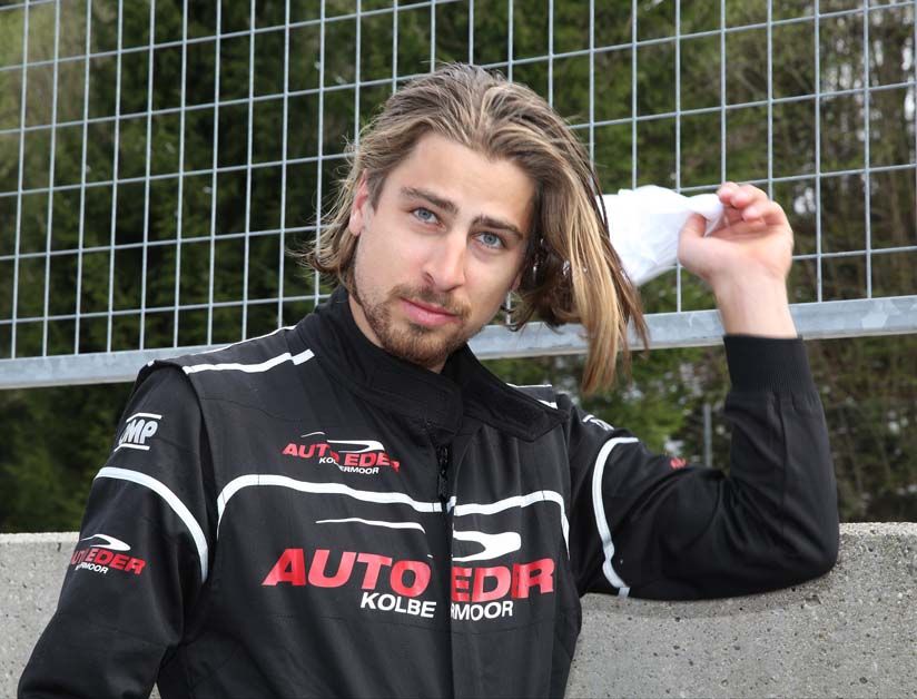 Peter Sagan takes his fireproof headgear off for an interview