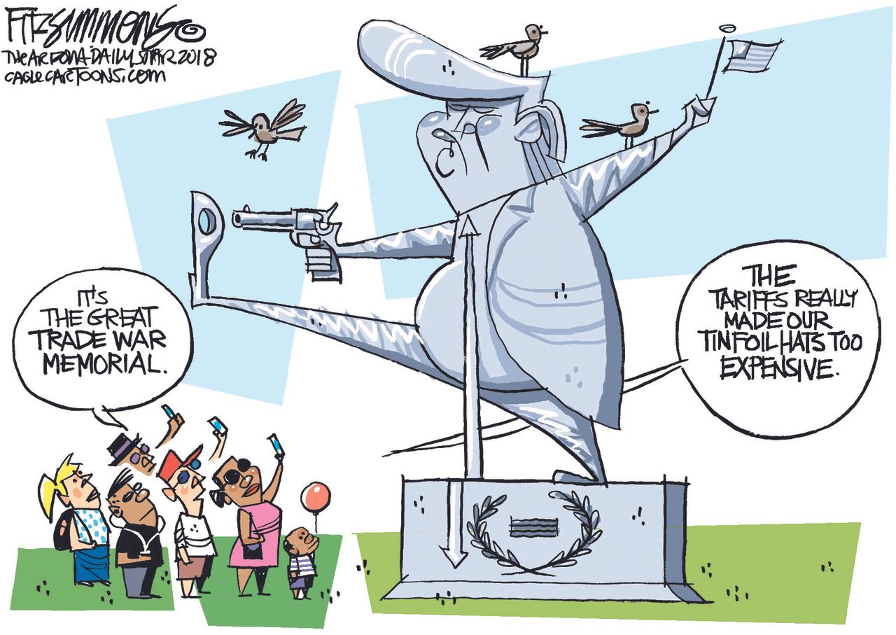 Political cartoon U.S. Trump tariffs trade war memorial