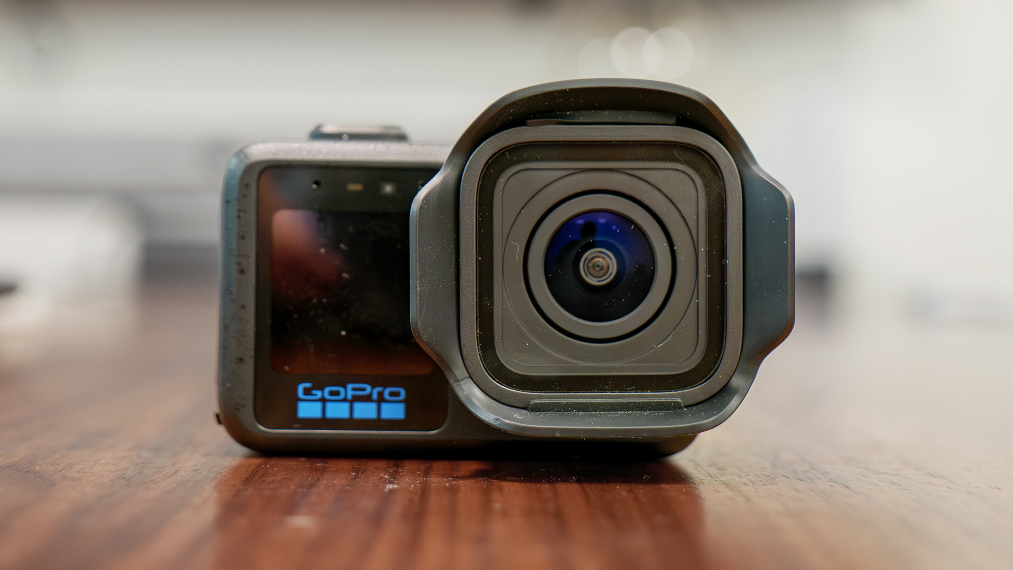 GoPro Mission 1 on top of a table.