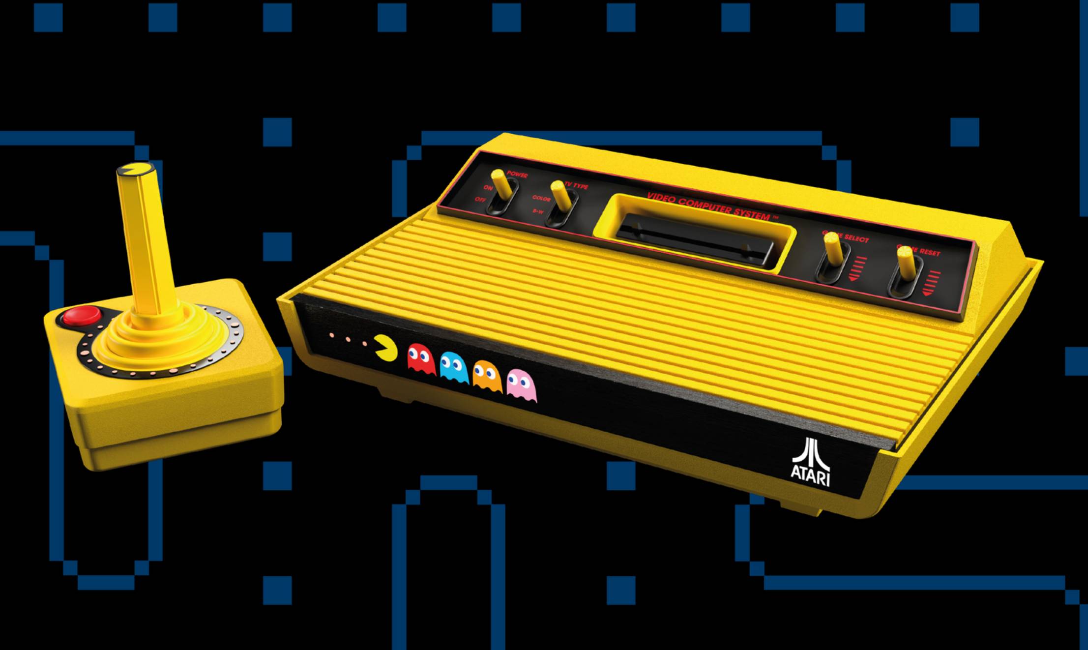 Atari 2600+ Pac-Man edition console with maze backdrop.