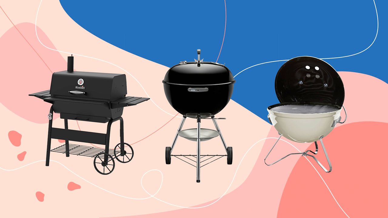 Three of the best charcoal BBQs on a pink and blue background